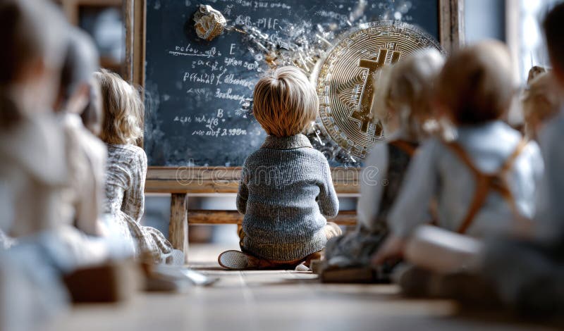 Escenario de clase tradicional alumno aprendiendo algoritmos de Bitcoin Blockchain con equipo tradicional de pizarra digital ilustración del vector