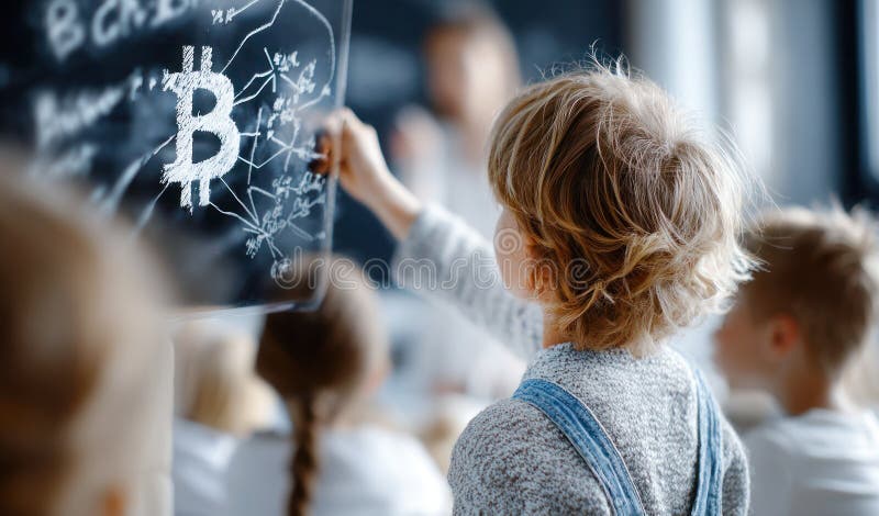 Escenario de clase tradicional alumno aprendiendo algoritmos de Bitcoin Blockchain con equipo tradicional de pizarra digital libre illustration