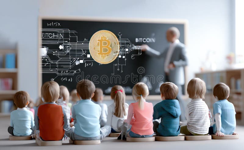 Escenario de clase tradicional alumno aprendiendo algoritmos de Bitcoin Blockchain con equipo tradicional de pizarra digital stock de ilustración