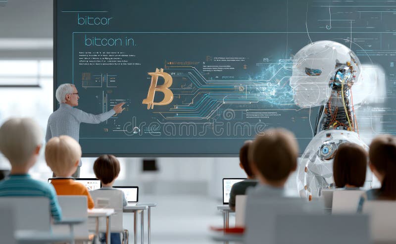 Escenario de clase tradicional alumno aprendiendo algoritmos de Bitcoin Blockchain con equipo tradicional de pizarra digital ilustración del vector