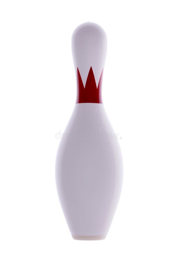 Single isolated bowling pin for playing tenpin bowling in an indoor alley with a colorful red collar on a white background. Single isolated bowling pin for playing tenpin bowling in an indoor alley with a colorful red collar on a white background