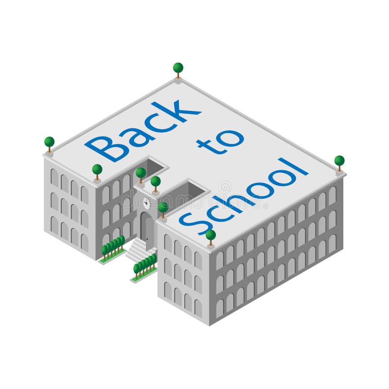 Escola ou universidade isométrica lisa da construção 3d com um pulso de disparo e um estar aberto assim como com árvores verdes ilustração stock Escola ou universidade isométrica lisa da construção 3d com um pulso de disparo e um estar aberto assim como com árvores verdes ilustração stock