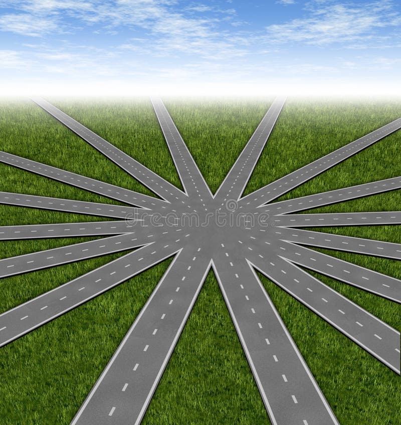 Choices and strategies symbol represented by a network of roads and highways merging to a center point showing many options and paths available to a team and common goals vision and a multiple paths to a unified strategy. Choices and strategies symbol represented by a network of roads and highways merging to a center point showing many options and paths available to a team and common goals vision and a multiple paths to a unified strategy.