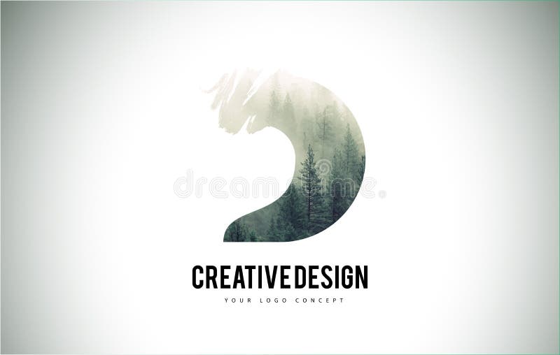 Pincel com textura de névoa florestal, letra D. Logotipo de letra com árvores florestais ilustração do vetor