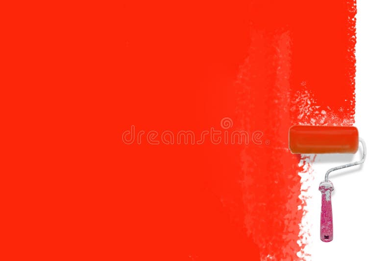 Escova do rolo de pintura que pinta o backgrounbd vermelho - conceito criativo da renovação imagens de stock royalty free Escova do rolo de pintura que pinta o backgrounbd vermelho - conceito criativo da renovação imagens de stock royalty free