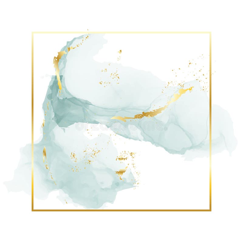 Escove cursos azuis cinzentos em tons delicados e quadro do retângulo da folha de ouro em um fundo branco Arte da aquarela do vet