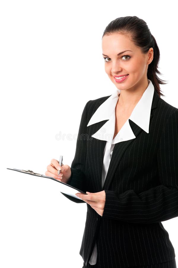 Escrita da mulher de negócios, no branco imagem de stock Escrita da mulher de negócios, no branco imagem de stock