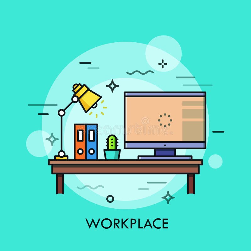 Escritorio con de computadora personal, la lámpara, las carpetas de papel y el cactus en el pote que se coloca en él Lugar de tra libre illustration Escritorio con de computadora personal, la lámpara, las carpetas de papel y el cactus en el pote que se coloca en él Lugar de tra libre illustration
