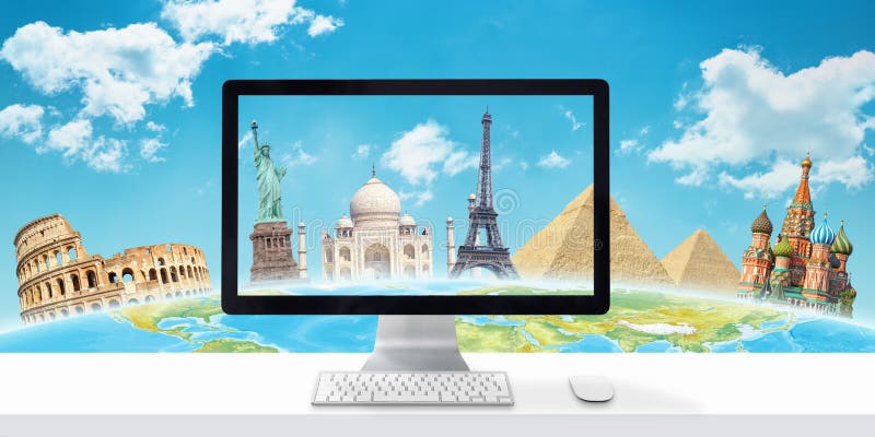 Escritorio con los destinos turísticos de la pantalla de ordenador y del mundo famoso en fondo