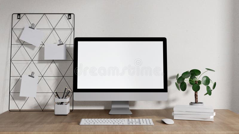 Escritorio moderno minimalista en espacio de trabajo creativo 3d representaciones ilustración del vector
