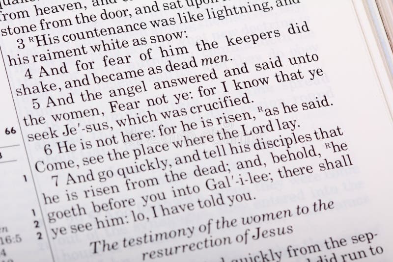 Shot of Easter text from the King James Version of the Bible. Selective focus on verses 5-6 of Matthew 28. Shallow depth of field. Shot of Easter text from the King James Version of the Bible. Selective focus on verses 5-6 of Matthew 28. Shallow depth of field.