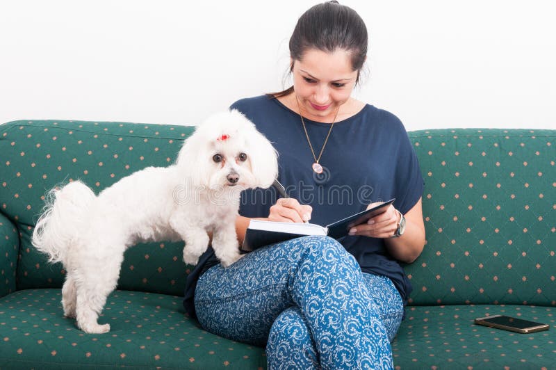 Escritura de la mujer en cuaderno y sentada en el sofá imagenes de archivo Escritura de la mujer en cuaderno y sentada en el sofá imagenes de archivo