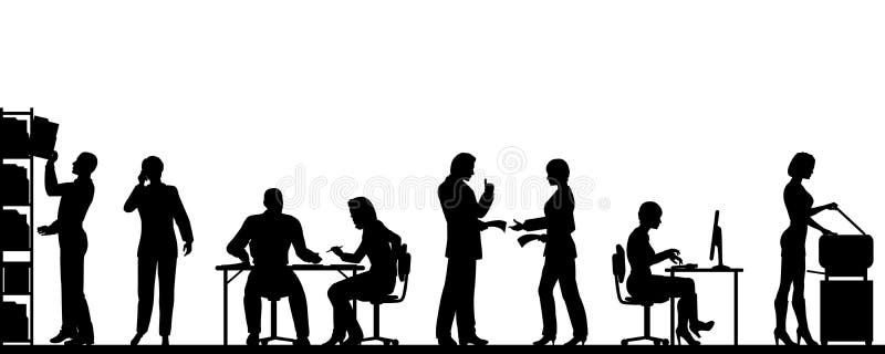 Editable silhouettes of people in a busy office with all elements as separate objects. Editable silhouettes of people in a busy office with all elements as separate objects