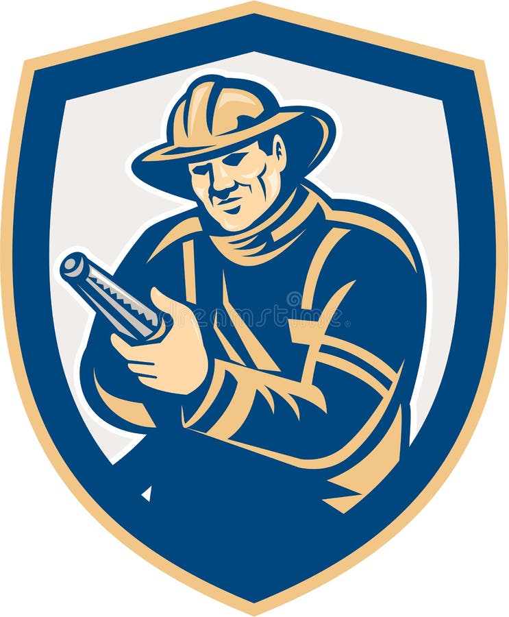 Escudo de Aiming Fire Hose del bombero del bombero retro