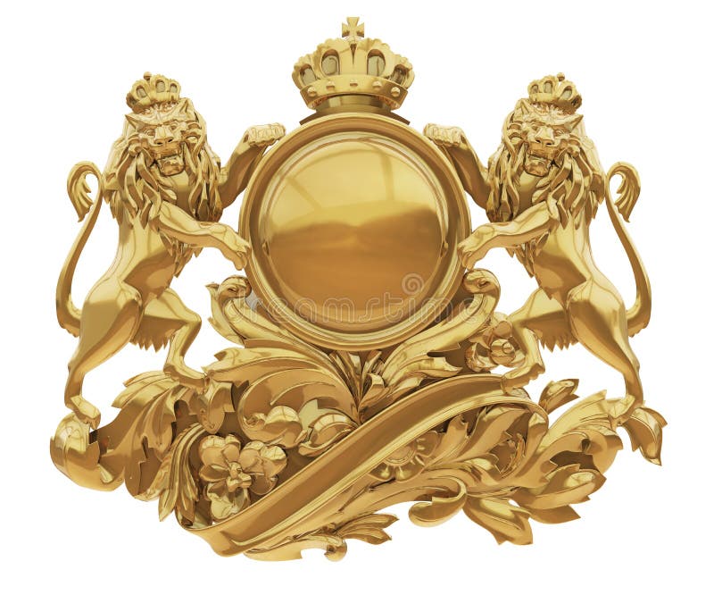 Escudo de armas de oro viejo con el aislante de los leones