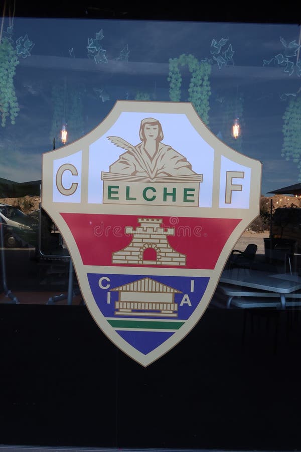 Elche, Alicante, Spain, May 3, 2024: Shield of Elche football club on the eastern side facade. Elche, Alicante, Spain. Elche, Alicante, Spain, May 3, 2024: Shield of Elche football club on the eastern side facade. Elche, Alicante, Spain