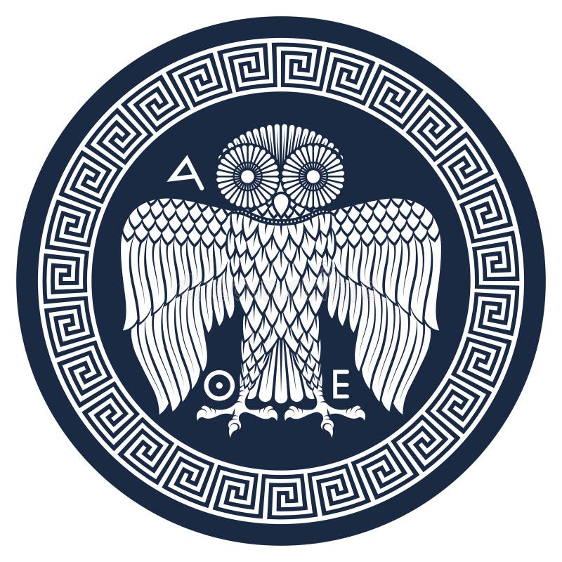 Escudo grego antigo com a imagem de uma Coruja e ornamento grego clássico, ilustração vintage