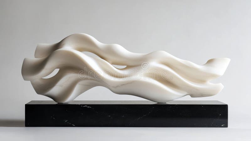 Escultura de mármore branco fluindo com ondas orgânicas lisas na base retangular preta imagem de stock