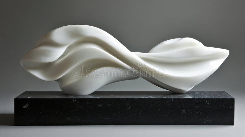 Escultura de mármore branco fluindo com ondas orgânicas lisas na base retangular preta imagens de stock