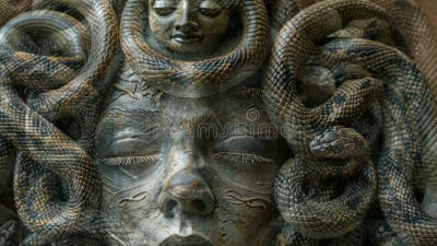 Escultura Intrincada Con Docenas De Serpientes Entrelazadas Alrededor De Una Cara Serena En Un Escenario Dramático Almacen De Video - Vídeo de ornamental, serpientes: 334383597