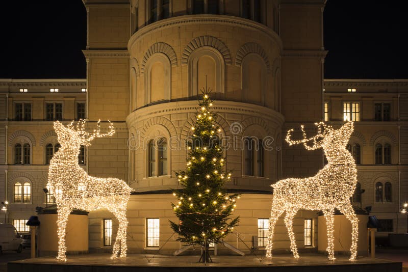 Esculturas grandes de los ciervos hechas de luces llevadas, del árbol de navidad adornado y de la luna brillante fotos de archivo libres de regalías Esculturas grandes de los ciervos hechas de luces llevadas, del árbol de navidad adornado y de la luna brillante fotos de archivo libres de regalías