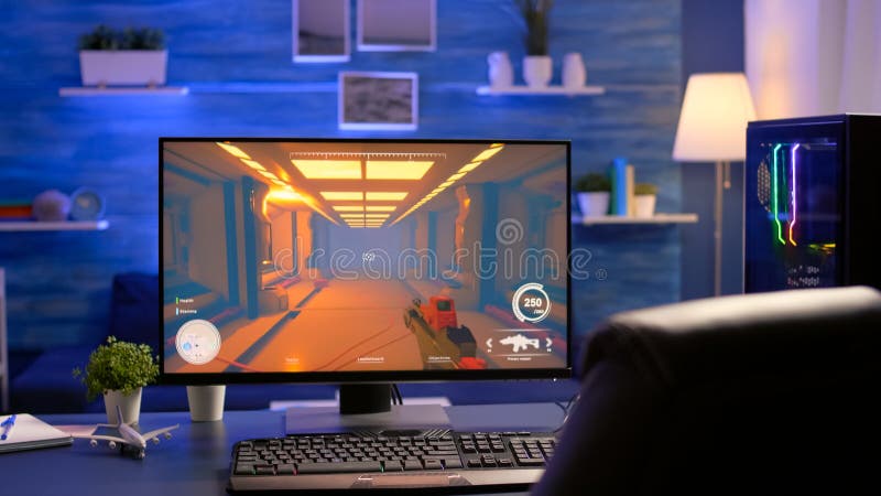 Homem Tocando Poderoso Pc De Game Em Uma Sala Com Luzes De Neon Em