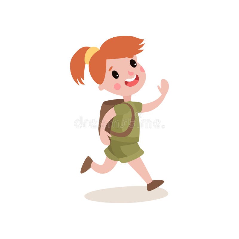 Escuteira ruivo que corre com expressão alegre da cara, atividades do acampamento de verão ilustração royalty free Escuteira ruivo que corre com expressão alegre da cara, atividades do acampamento de verão ilustração royalty free