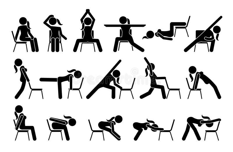 Esercitazioni di yoga su sedia icone figura pittogramma.