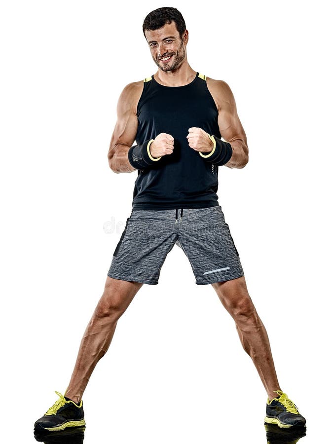 Esercizi di pugilato dell'uomo di forma fisica cardio isolati fotografia stock Esercizi di pugilato dell'uomo di forma fisica cardio isolati fotografia stock