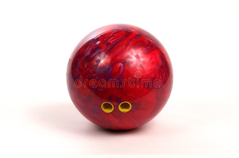 Red and Purple bowling ball with finger holes visible, Finger holse have yellow grips. Red and Purple bowling ball with finger holes visible, Finger holse have yellow grips.