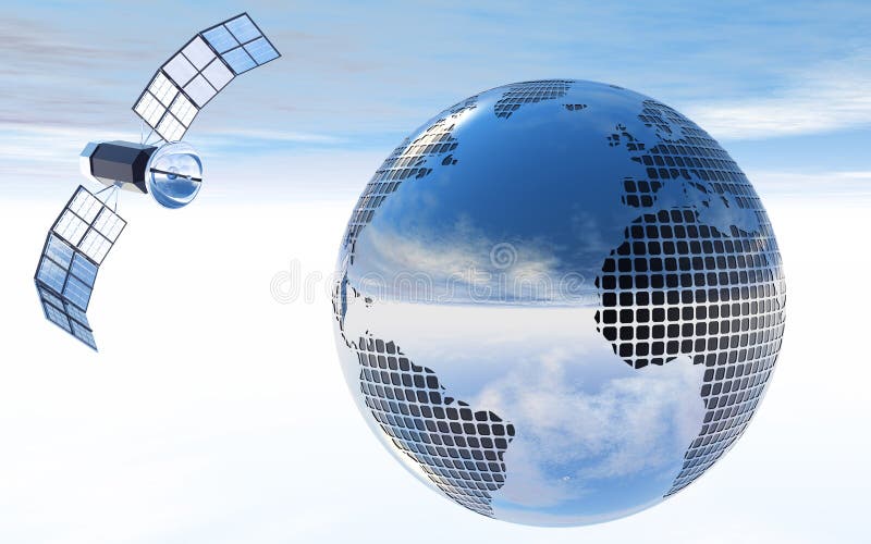 Mirror ball, globe with satellite on sky background. Mirror ball, globe with satellite on sky background