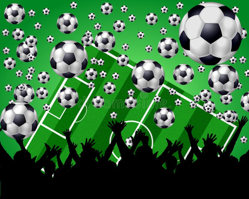 A background image of soccer balls, a field and the fans on a green background. A background image of soccer balls, a field and the fans on a green background