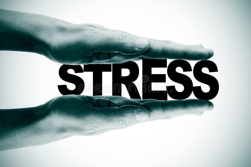 Man hands pressing the word stress in black and white. Man hands pressing the word stress in black and white