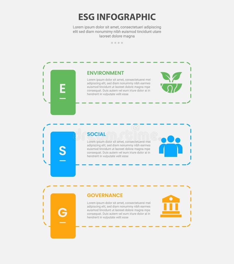 ESG infographic outline style with 3 point template with dotted line rectangle with vertical badge for slide presentation stock illustration