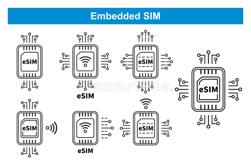 ESIM Embedded SIM chip card, phone simcard, mobile cellular communication icon set. Electronic microchip for smartphone. Vector stock illustration