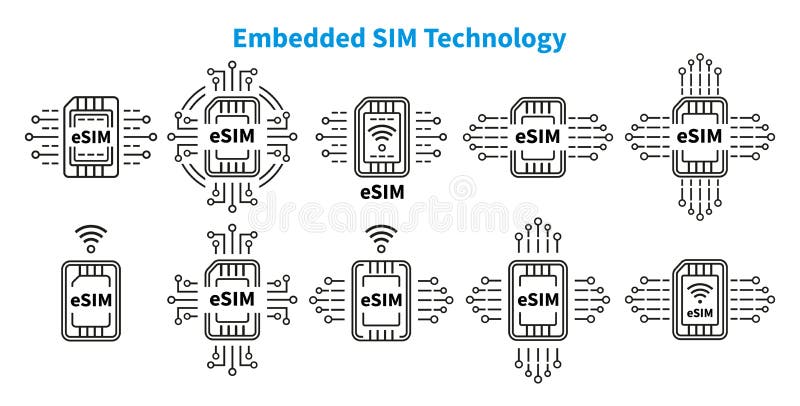 ESIM Embedded SIM chip card mobile cellular communication technology line icon set. Microchip smartphone. Phone processor. Vector vector illustration