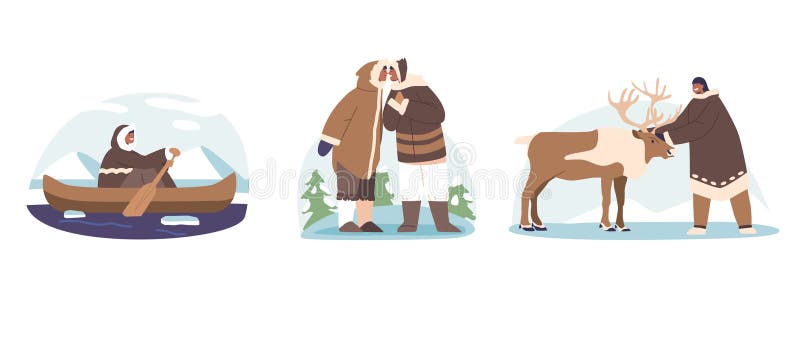 Eskimo Characters Riding Boat, Greeting each other with Nose-to-nose Touch, Caress Reindeer Isolated Elements stock illustration