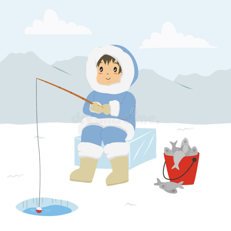 Eskimo Fishing Through The Ice Hole Cartoon Vector.