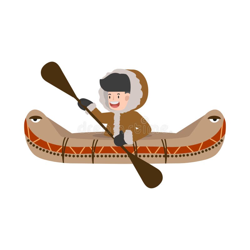 Eskimo in Traditional Costume Swimming on Boat Stock Vector
