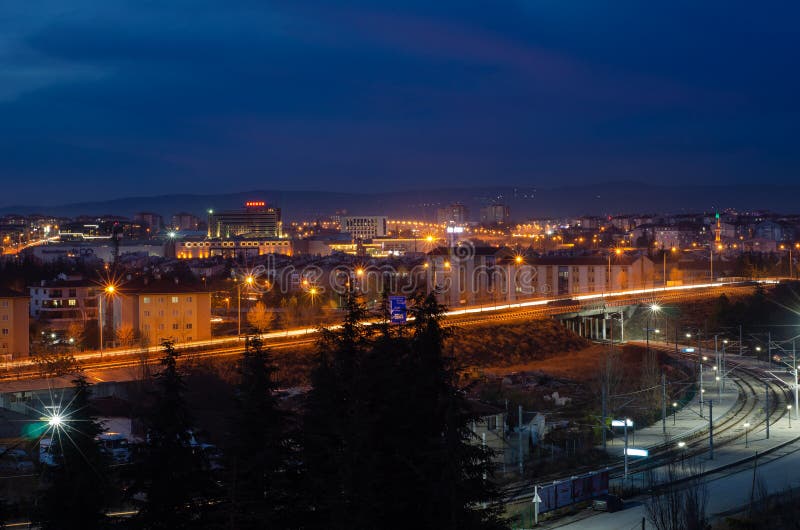 Eskisehir,TURKEY-December 24,2018:City lights are at blue hours. stock photography Eskisehir,TURKEY-December 24,2018:City lights are at blue hours. stock photography