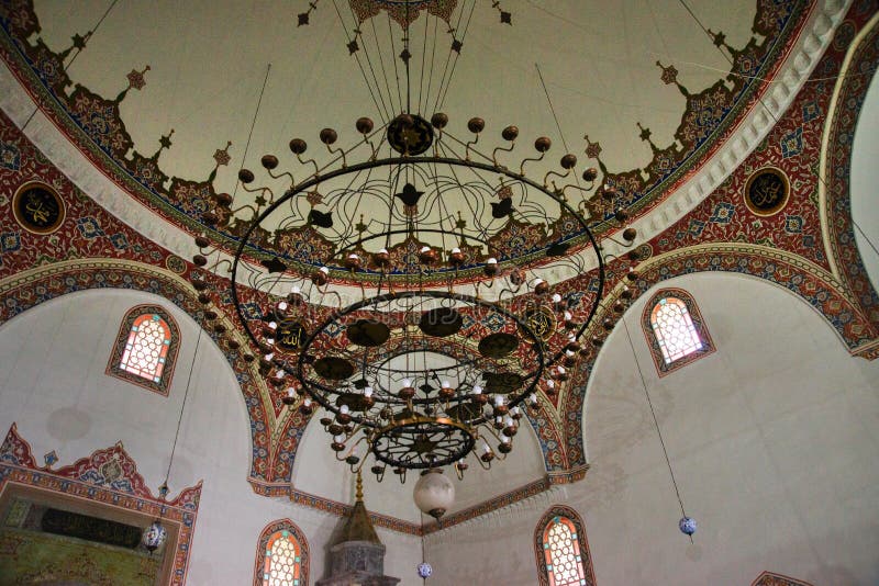 Eskisehir, Turkey: Interior beautiful old mosque. Chandelier on the ceiling with ornaments