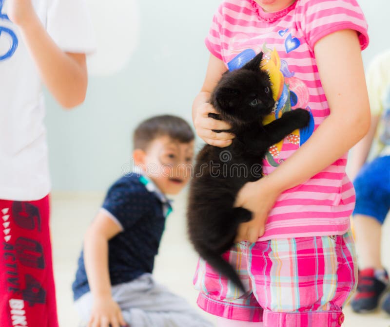Eskisehir, Turkey - May 05, 2017: Preschool little girl holding a black kitten in her hands in a classroom. royalty free stock images Eskisehir, Turkey - May 05, 2017: Preschool little girl holding a black kitten in her hands in a classroom. royalty free stock images