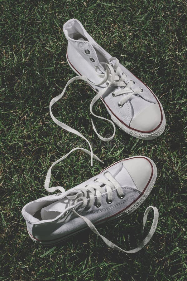 White Converse Sneakers on Green Grass Editorial Image - Image of name ...