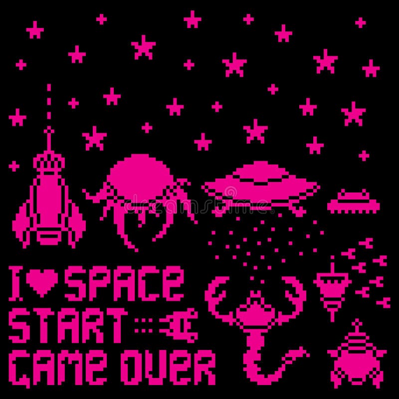 Estilo de arte pixel antigo ufo jogo de guerra espacial. monstros