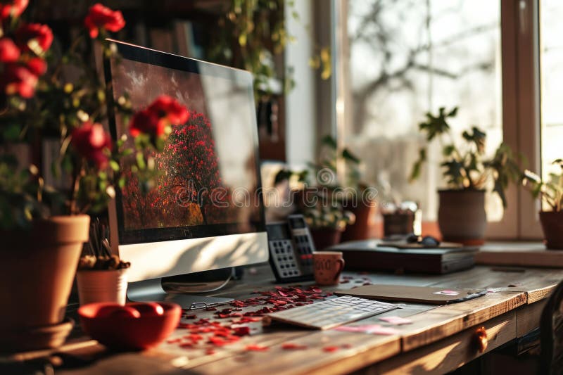 Workspace in a cozy home with desktop computer, coffee mug, indoor plants and home office accessories on rough wooden table by the window. Remote work concept AI generated. Workspace in a cozy home with desktop computer, coffee mug, indoor plants and home office accessories on rough wooden table by the window. Remote work concept AI generated