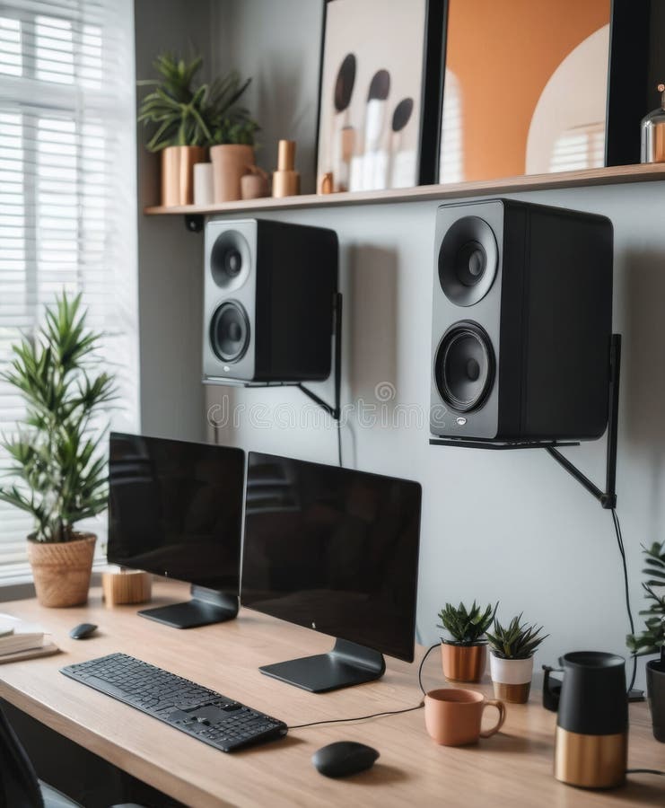 This contemporary workspace showcases dual monitors and a minimalist black and white theme. Wall-mounted speakers and potted succulents add a touch of personality. AI generation AI generation AI generated. This contemporary workspace showcases dual monitors and a minimalist black and white theme. Wall-mounted speakers and potted succulents add a touch of personality. AI generation AI generation AI generated