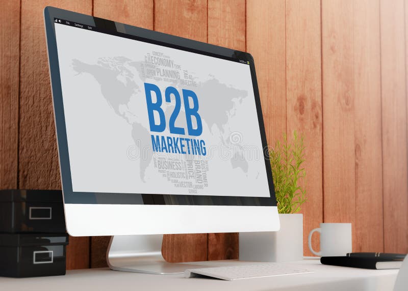 Espace de travail moderne avec l'ordinateur montrant le marketing de b2b illustration de vecteur Espace de travail moderne avec l'ordinateur montrant le marketing de b2b illustration de vecteur