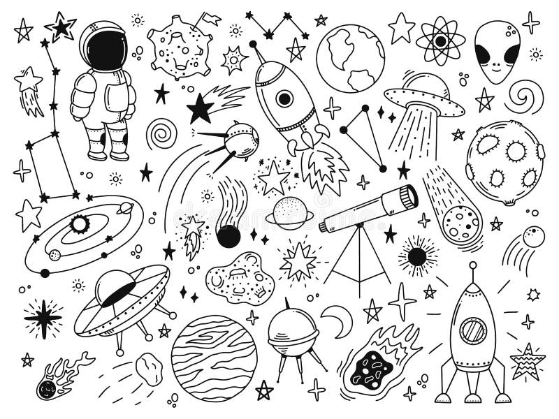 Espace Dessiné à La Main. Doodle Planètes Spatiales Astrologie