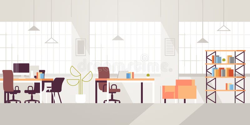 Espacio abierto moderno del lugar de trabajo creativo vacío nadie centro de co-trabajo contemporáneo interior de la oficina compl libre illustration Espacio abierto moderno del lugar de trabajo creativo vacío nadie centro de co-trabajo contemporáneo interior de la oficina compl libre illustration