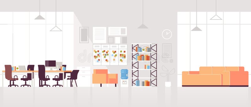 Espacio abierto moderno del lugar de trabajo creativo vacío nadie centro de co-trabajo contemporáneo interior de la oficina con á stock de ilustración Espacio abierto moderno del lugar de trabajo creativo vacío nadie centro de co-trabajo contemporáneo interior de la oficina con á stock de ilustración